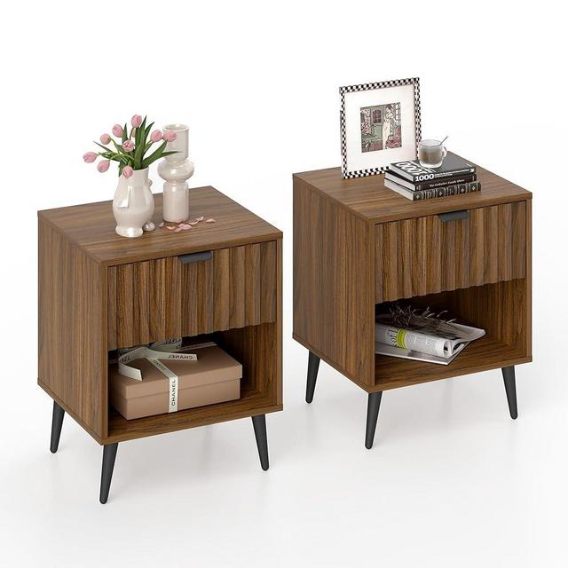 Furnivado Fluted Nightstand Set of 2, Natural Wood Nightstand with Drawer and Open Storage, Mid Century Fluted Side Table Modern Bedside Stand with Wood Veneer for Bedroom, Office, Brown