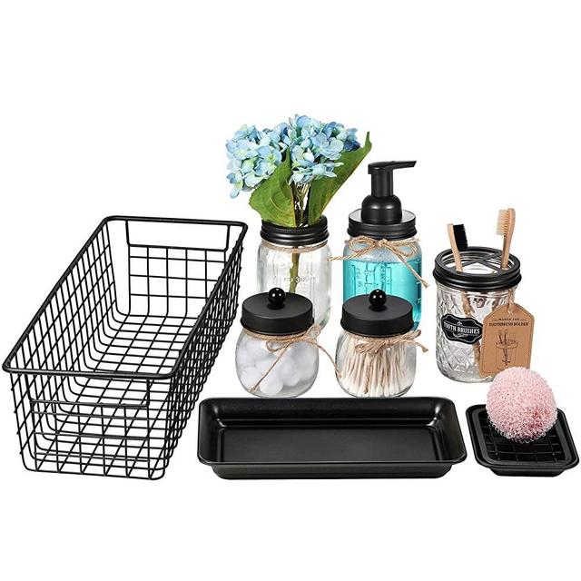 Mason Jar Bathroom Accessories Set 8 Pcs - Foaming Soap Dispenser,Toothbrush Holder,2 Apothecary Jars, Flower Vase,Soap Dish,Vanity Tray,Toilet Paper Holder Storage Bin,Vintage Farmhouse Decor (Black)