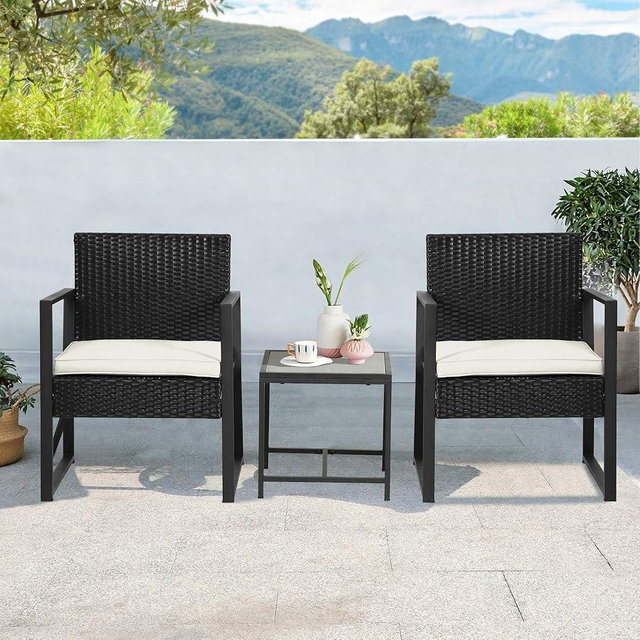 MKDLUFEI Modern Khaki Cushion Bistro Set, 3 Piece Patio Conversation Set with Glass Table, Outdoor Furniture for Porch, Balcony, Backyard