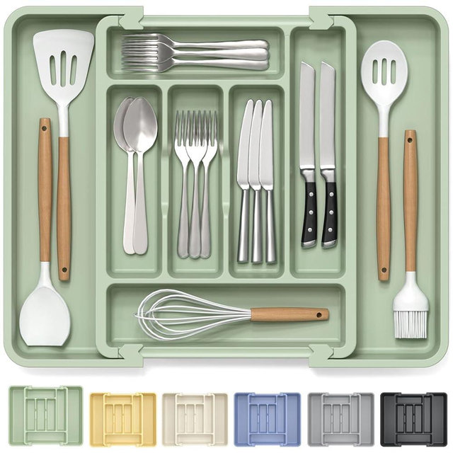 Caperci Large Silverware Organizer for Kitchen Drawer & Utensils - Expandable Drawer Organizer for Cutlery, Flatware & Gadget, BPA-Free Thick Plastic, Wider Compartments & Non-skid Feet (Sage Green)