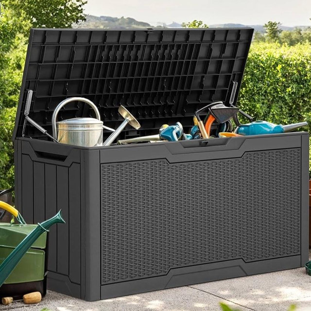 YITAHOME 80 Gallon Outdoor Storage Box, Large Water Resistant Resin Deck Box, Indoor Outdoor Lockable Rattan Storage Container for Patio, Garden, Cushions, Tools, Equipment (Dark Gray)