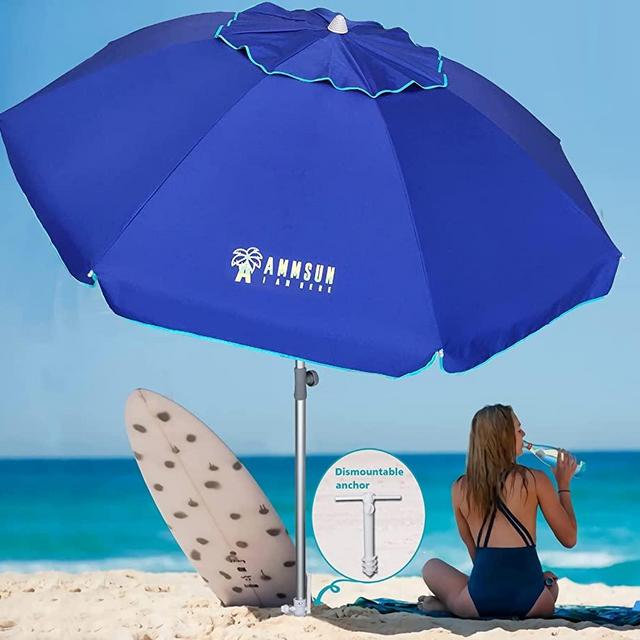 AMMSUN 7 Foot Heavy Duty HIGH Wind Beach Umbrella with sand anchor & Tilt Sun Shelter, UV 50+ Protection Outdoor Sunshade Umbrella with Carry Bag for Patio Garden Beach Pool Backyard Blue