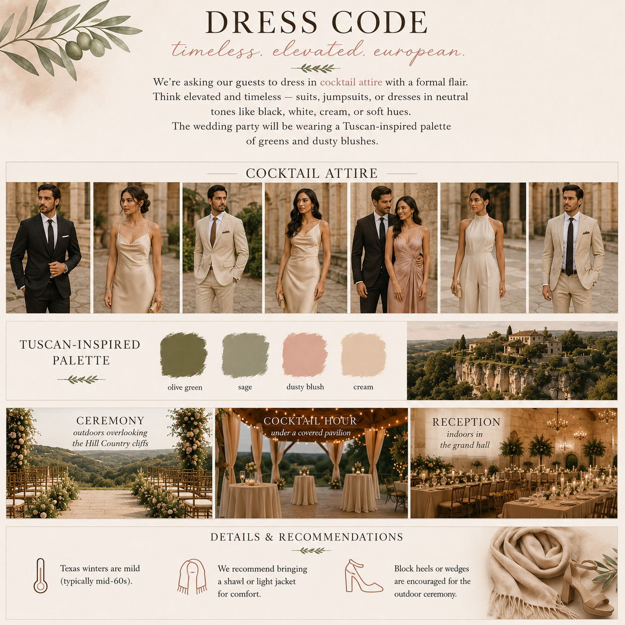 Inspired by the romance of the Tuscan countryside & Texas Hill Country, a visual guide to our dress code, color palette, and venue recommendations to help you feel your best on our wedding day.