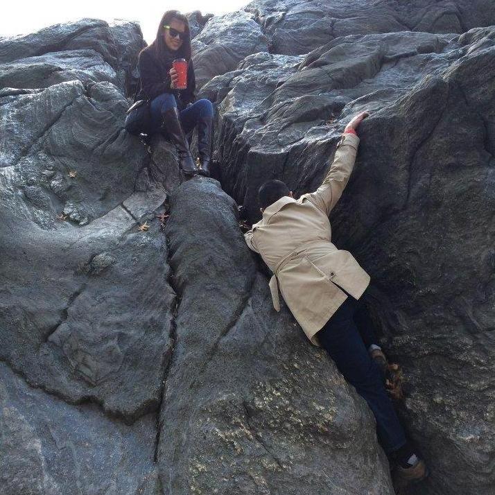 Struggling to make my way down a rock in Central Park. At least Cindy held onto my coffee...