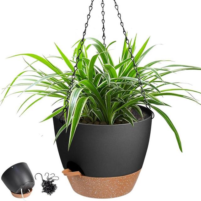 Vanslogreen 12 Inch Hanging Planters for Outdoor Plants, Large Self Watering Hanging Planter Pots with Drainage Holes & Saucer, Hanging Baskets Plant Pots for Home, Garden, 1 Pack (Black)