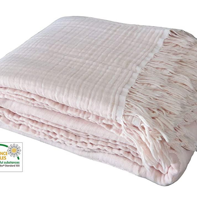 100% Organic Muslin Cotton Oversized Throw Bed Blanket for Couch Adults, Kids, Bed, 4-Layer Pre-Washed Plant Dyed Yarn, Breathable Soft, Cozy, Lightweight Bed Blanket, All Season (60"x80" Light Pink)