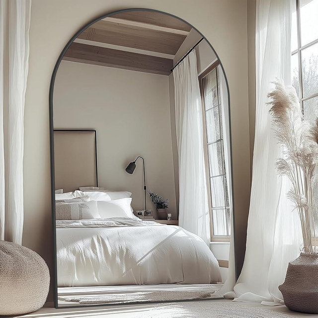 Oversized Floor Mirror Full Length with Stand, 72"X44" Extra Large Arch Standing Mirror Full Length, Tempered Glass Black Full Body Mirror for Bedroom Living Room, Aluminum Alloy Frame