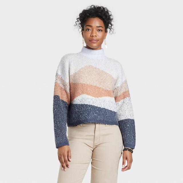 Women's Mock Turtleneck Trek Pullover Sweater - Universal Thread™ Navy Geometric M