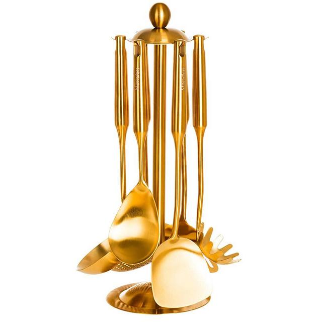 Standcn 7-Pieces 304 Stainless Steel (18/10) Gold Cooking Utensils Set with Rotating Holder Includes Spatula, Soup Ladle, Skimmer, Slotted Spatula, Spaghetti Server, Rice Scoop Spoon