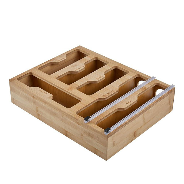 Kitchen Details Drawer Organizer | Multiple Food Storage Bag Compartments | Stores Up to 6 sizes | Kitchen Organization | Built In Slide Cuttlers | Bamboo