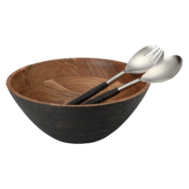 Folkulture 12"x5" Acacia Wood Salad Bowl with Matching Tongs | Wooden Mixing & Serving Bowl | Wedding Registry & Kitchen Decor, Black