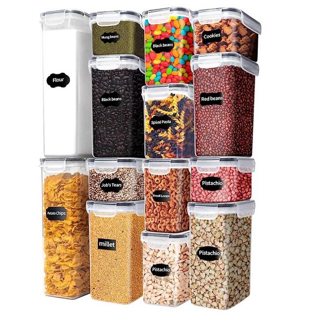 Airtight Food Storage Containers with Lids, 14 Pcs BPA Free Plastic Dry Food Canisters for Kitchen Pantry Organization and Storage Ideal for Cereal, Flour and Sugar, Dishwasher safe,Include 20 Labels and Marker, Black