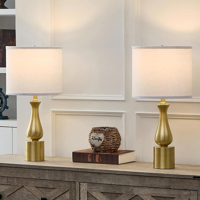 23" Modern Gold Lamps Set of 2 for Bedroom, Minimalist Gold Table Lamps for Living Room Set of 2, Small Gold Table Lamps for Nightstand Set of 2, with White Linen Drum Lampshade for Home Office