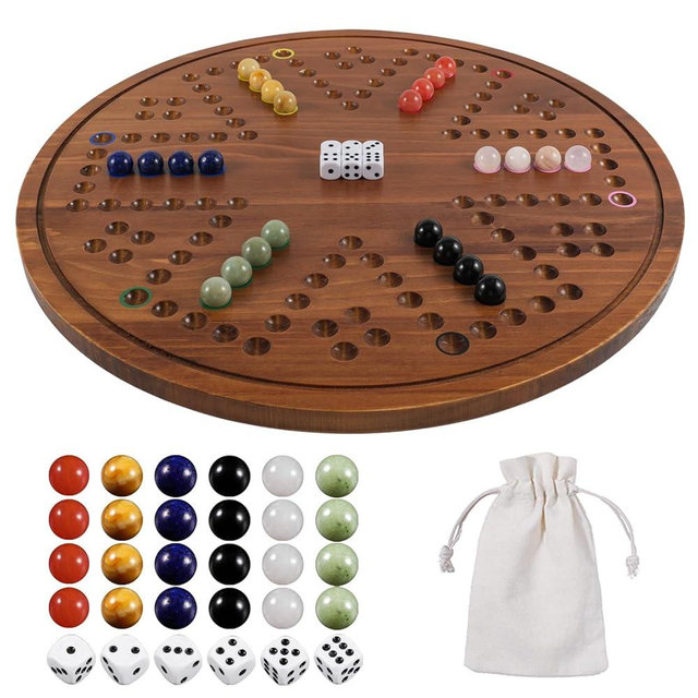 Circular Large Marble Board Game with Double-Sided Painted Wooden Fast Track Board Game with 30 Marbles 6 Dice4-Player Game 6-Player Game Universal Original Natural Marble (Burnt Color)