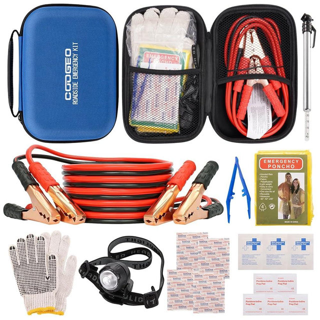 Car Roadside Emergency Kit with Battery Jumper Cables,Car Accessories for Men or Women,Automotive Safety Kit for Car,Vehicle, Truck or SUV,Gifts for Men or Him, Blue