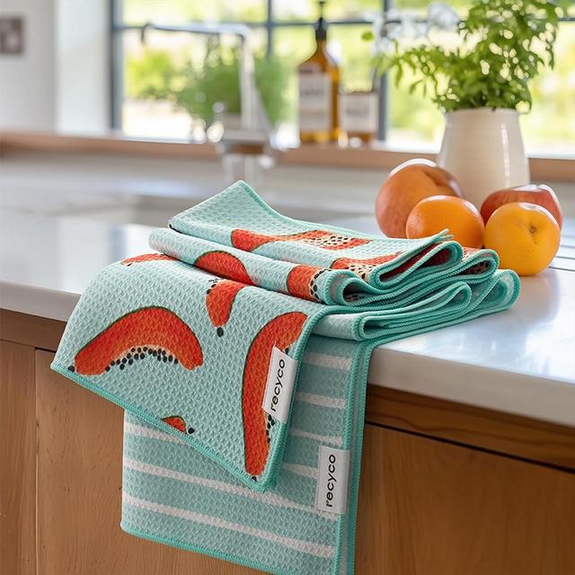 RECYCO Waffle Kitchen Towel Set of 2 - Quick Dry Microfiber Sustainable Dish Towels - Ultra Absorbent Reusable Cleaning Tea Towels - Lightweight Hand Towels,16”x 28”, Papaya Joy