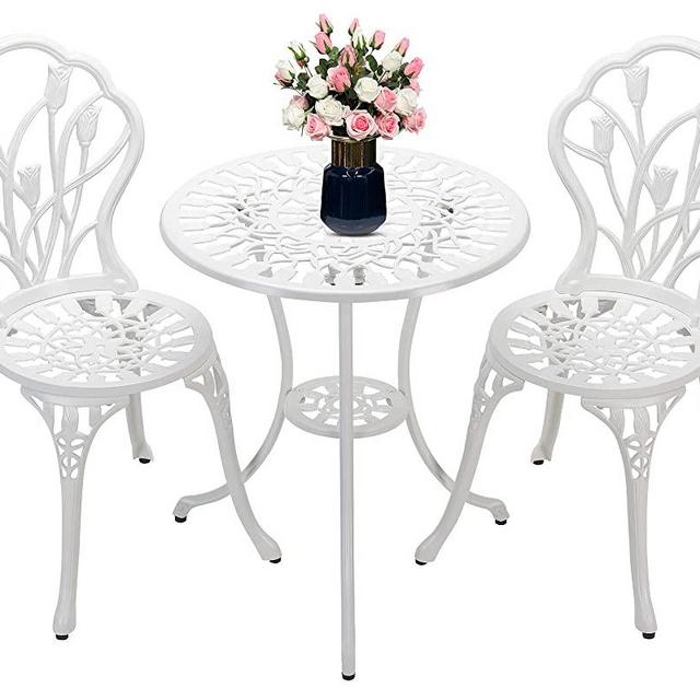 Laurel Canyon 3-Piece Cast Aluminum Patio Bistro Sets Antique Copper Finish Outdoor Furniture with Rust-Resistant Small Round Table and 2 Chairs for Porch, Lawn, Garden, Backyard, Pool, Ivory