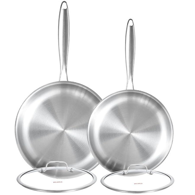 DELARLO Tri-ply Stainless Steel Frying Pan Set with Lid 8" 10" Induction large Skillets Chef's Pan,Pots and Pans Set Kitchen Cookware Set Suitable for All Stove