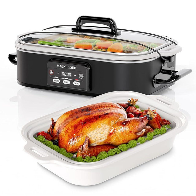 [NEW] MAGNIFIQUE 4-Quart Oven-Safe Casserole Slow Cooker with Digital Warm Setting - Perfect Kitchen Appliance for Family Dinners, Baking and Dishwasher Safe Crock, Black with White Ceramic Bakeware