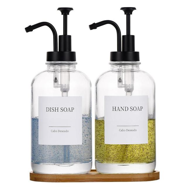 Glass Soap Dispenser with Pump, Dish and Hand Soap Dispenser for Kitchen Bathroom Set, Clear Glass Dispenser Set of 2 Pack with 18 Stickers Funnel Bamboo Tray 500ml 18oz / Each Bottle