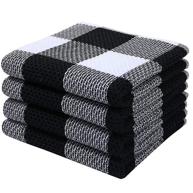 Mordimy 100% Cotton Waffle Weave Check Plaid Kitchen Towels, 13 x 28 Inches, Super Soft and Absorbent Dish Towels for Drying Dishes, 4-Pack, White & Black