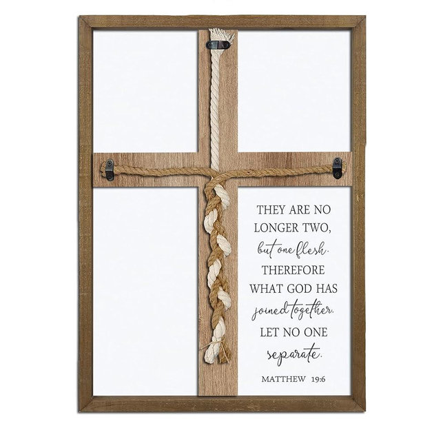 Matthew 19:6 What God Has Joined Sign 15"X10" Cord of Three Strands Unity Cross Braid for Wedding Ceremony Ideas Wood Frame Christian Marriage Gifts Decor for Couple Anniversary Religious (Wood)