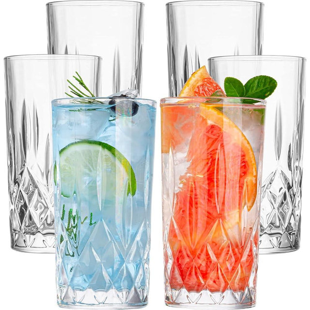 Claplante Crystal Highball Glasses, Set of 6 Glass Drinking Glasses, 11 oz Durable Drinkware Cups for Cocktails, Water, Juice, Beer, Wine-Special Edition Glassware Set, Dishware, Dishwasher Safe