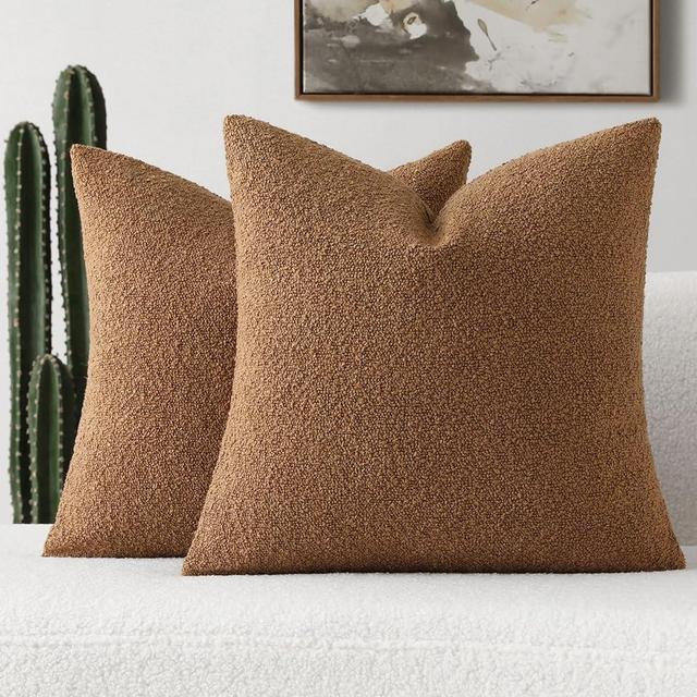 FUTEI Pack of 2 Tobacco Boucle Accent Decorative Throw Pillow Covers,20x20 Inch Soft Solid Textured Cushion Case,Home Decor for Couch Bed Living Room