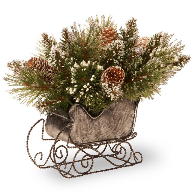National Tree Company 10" Glittery Bristle Pine Sleigh with 6 White Tipped Cones