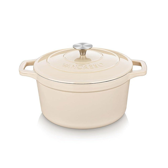 vancasso Enameled Cast Iron Dutch Oven, 2.5 QT Naturally Non-Stick Casserole Dish Cookware, with Stainless Steel Knob Lid Cast Iron Casserole for Steam Braise Bake Broil Saute Simmer Roast- Cream Color