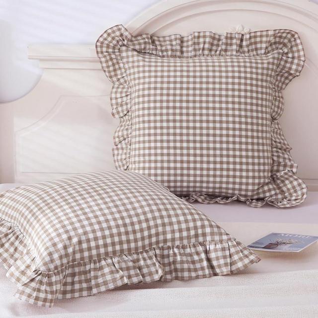 Mywinlle Taupe/White Plaid Euro Pillow Shams Ruffle Pillowcases Set of 2,Shabby Checkered Pillow Cover Washed Cotton Pillow Covers(26"x26",Taupe/White Plaid