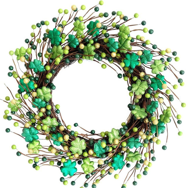Bibelot ST Patrick’s Day Green Glitter Leaves Wreath, Spring Holiday Party Shamrock Clover Leaf Wreath for Front Door, Green Decoration for Inside and Outside Use
