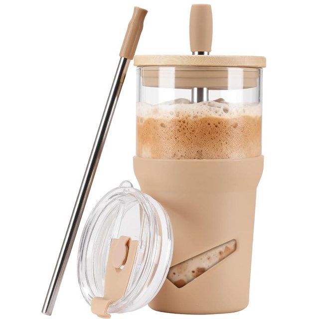 Glass Tumbler with Lids and Straws, 20 oz Iced Coffee Cup and Smoothie Cup with Bamboo Lid and On the go Lid,Glass Cups With Straws
