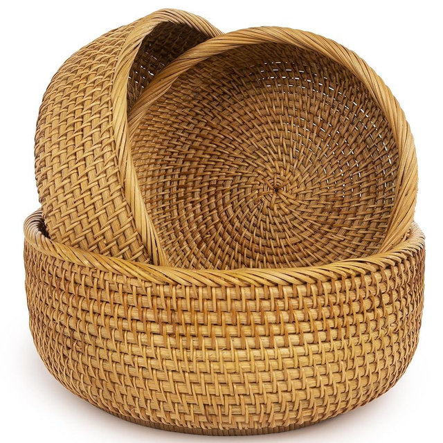 CLAYNIX Woven Fruit Basket For Holder Bowl Decorative Bread Vegetable, Serving Bowl Set of 3 For Organizing Kitchen Natural Rattan Picnic Basket Round Stackable (Natural)