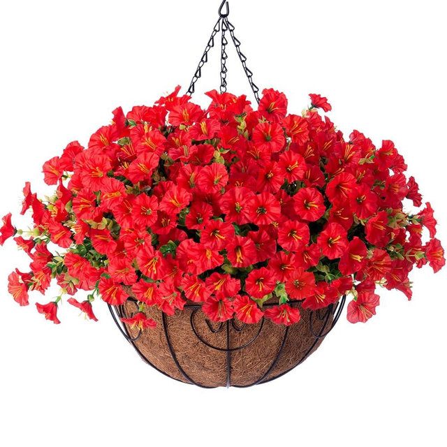 Artificial Fake Hanging Flowers Plants Baskets for Outdoor Decoration, Faux Silk Red Morning Glory in Planter Look Real UV Resistant Artificial Flower for Outside Porch Patio Garden Yard Home Decor