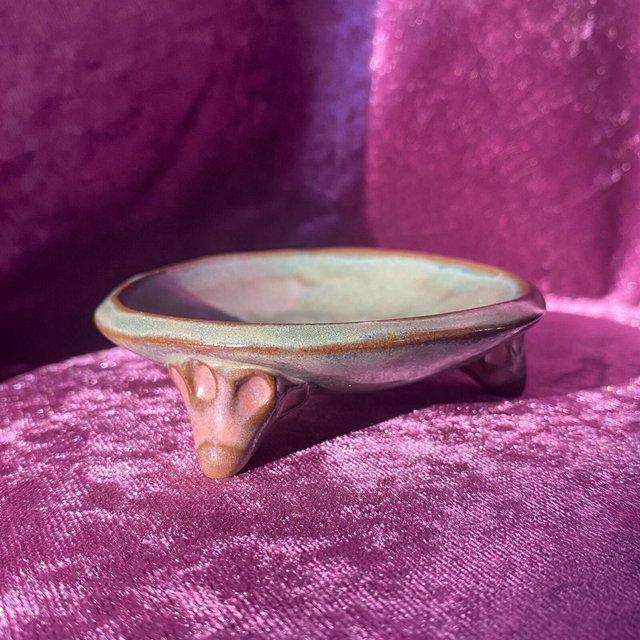 Green and Pink Footed Trinket Dish - Ceramic Jewelry Dish - Ring Dish - Pottery - Handmade