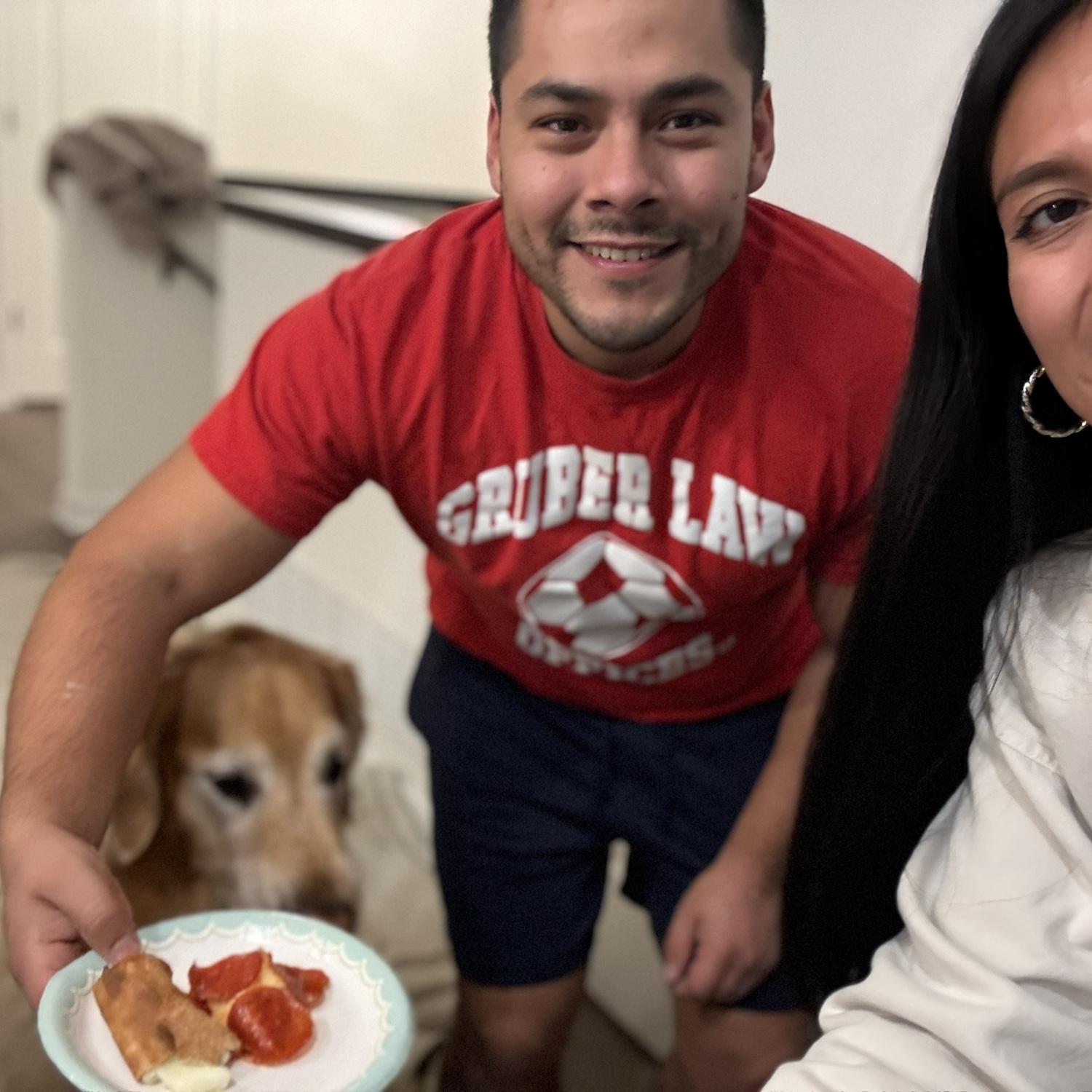 Our first meal at our home - pizza with Lewini.