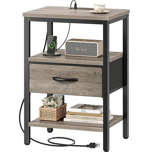 SUPERJARE Nightstand with Charging Station, Bed Side Table with Adjustable Fabric Drawer, Night Stand for Bedroom, 3-Tier Storage End Table, for Living Room, Oak