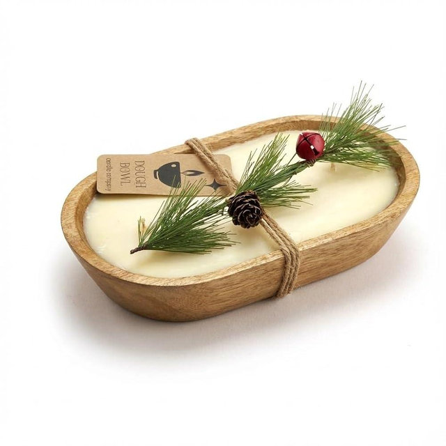 Dough Bowl Candle Co. Christmas Tree Soy Candle - 3 Wick Rustic Farmhouse Decor Odor Eliminator in Ornamental Wooden Bowls, 20 Ounce All-Natural Gifts for Women and Men, Wooden Decor Dough Bowls