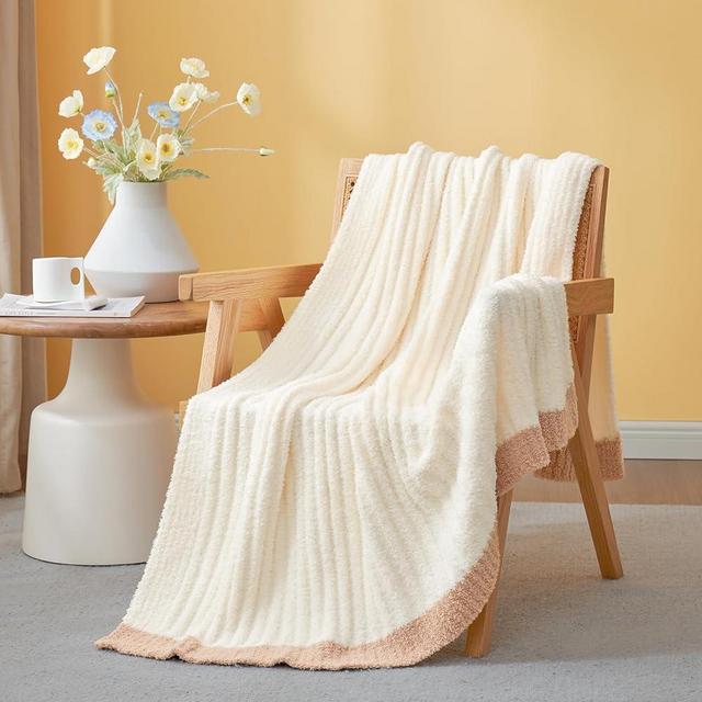 Snuggle Sac Soft Ribbed Throw Blanket for Couch, Luxurious Fluffy Cozy Knit Throws for All Season, Reversible Warm Microfiber Blankets for Couch, Sofa, Travel, Cream, 50x60 inches