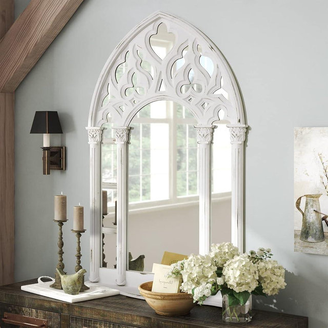 Arch Window Mirror, Rustic Farmhouse Cathedral 24X36 Inch Large Wood Pane, White Arched Decorative Accent
