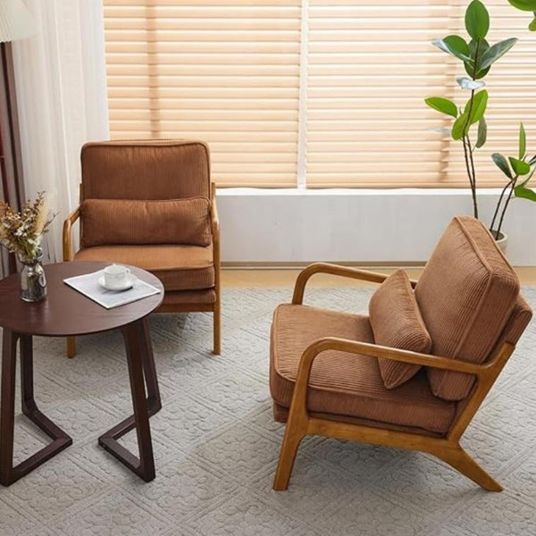 VINGLI Upgraded Premium Corduroy Accent Chairs Set of 2,Upholstered Arm Chair,Solid Wood Comfy Reading Chair with Pillow, Mid Century Modern Chairs for Living Room,Bedroom,Brown
