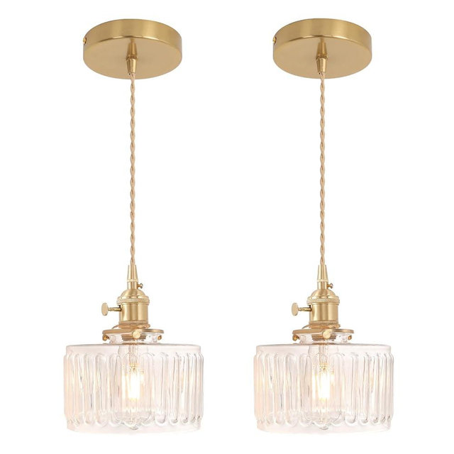 Shenmoyl Pendant Light 2 Pack with Clear Striped Glass Lmapshade, Brass Vintage Pendant Light Adjustable Hanging Light for Kitchen Island Dining Room Hallway