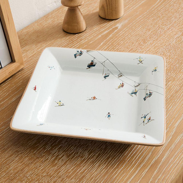 Skier Ceramic Decorative Ski Patch Trays 9x9