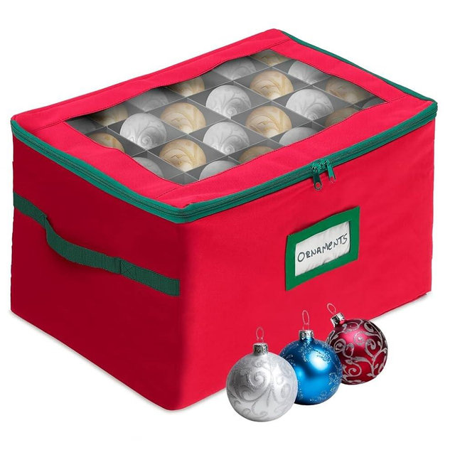 HOLDN’ STORAGE Christmas Ornament Storage Container Box with Dividers - Convenient Durable 4 Individual Removable Trays Fits Up to 96-3” Ornaments, Red