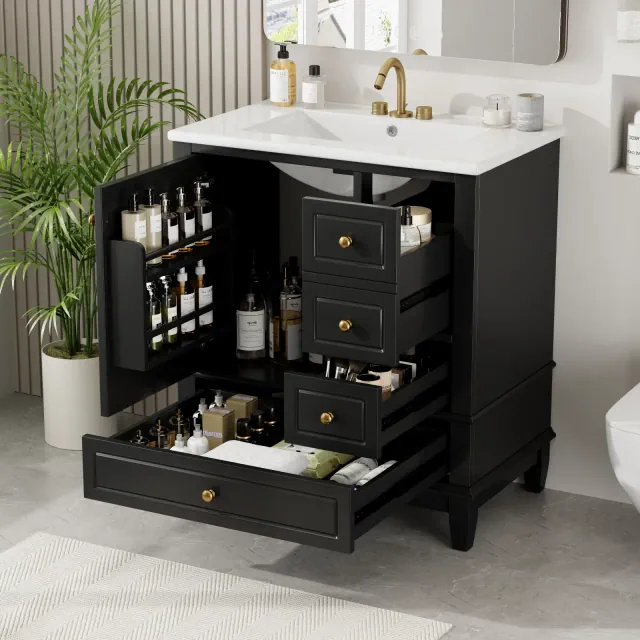 30" Bathroom Vanity Sink Combo, Bathroom storage Cabinet with Drawers and Shelf, Single Sink Bathroom Vanity, Black