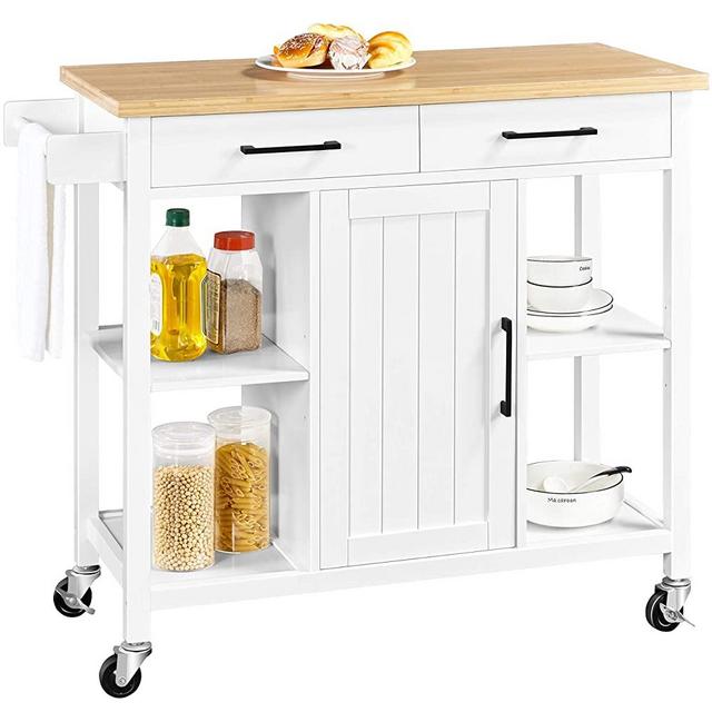 Yaheetech Kitchen Island on Lockable Wheels with 2 Storage Drawers & Bamboo Countertop, Kitchen Trolley Cart with Adjustable Shelves and Towel Bar, White