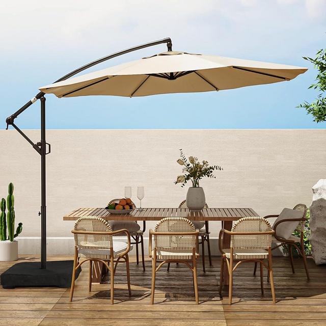 wikiwiki 10ft Patio Umbrella with Base Included, Outdoor Offset Cantilever Umbrella, Infinite Tilt, Crank and Cross Base,Beige