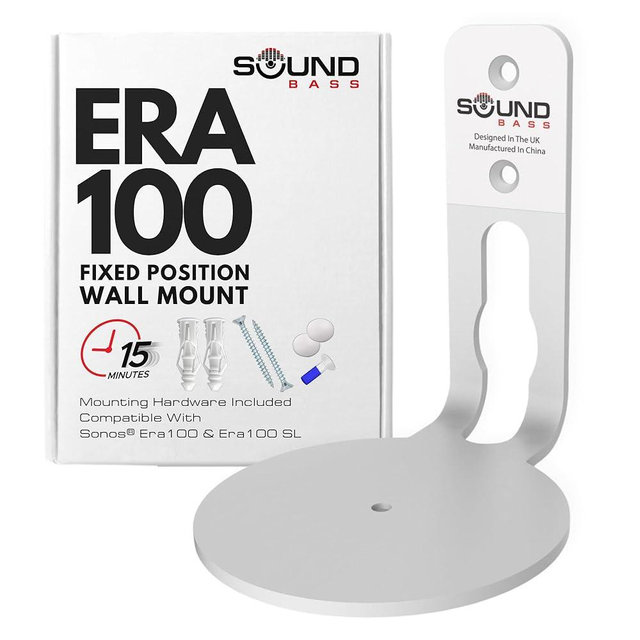 Sound Bass ERA 100 Wall Mount Bracket, Low Profile, White, Single Unit, Compatible with Sonos ERA100 & ERA 100 SL Speaker, Complete with All Fixing Hardware