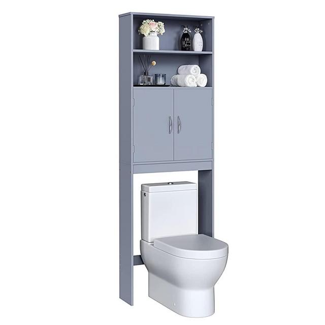 Yaheetech Over The Toilet Storage, Taller Bathroom Organizer Space-Saving Storage Cabinet with Adjustable Shelves and Double Doors, 77 in H, Grey